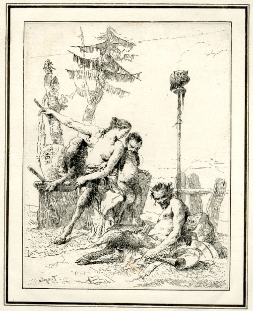 Giovanni Battista Tiepolo, Plate 10: a seated satyr with his wife and son before an owl perched on a pole, Scherzi di Fantasia (1750-1760) etching, 224 x 178mm. Museum Number 1919,1220.25 Click here to view this object on the British Museum Collection Online. Â©The Trustees of the British Museum