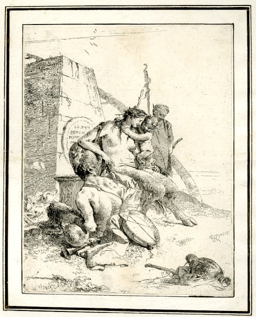 Giovanni Battista Tiepolo, Plate 11: a seated satyr from the back with his family, Scherzi di Fantasia (1750-1760) etching, 224 x 177mm. Museum Number 1919,1220.26 Click here to view this object on the British Museum Collection Online. Â©The Trustees of the British Museum