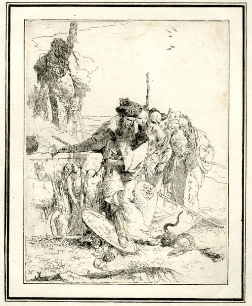 Giovanni Battista Tiepolo, Plate 12: Six standing figures looking at a snake, Scherzi di Fantasia (1750-1760) etching, 229 x 178mm. Museum Number 1919,1220.28 Click here to view this object on the British Museum Collection Online. Â©The Trustees of the British Museum