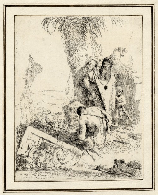 Giovanni Battista Tiepolo, Plate 16: a seated beggar seen from behind watched by orientals, Scherzi di Fantasia (1750-1760) etching, 225 x 175mm. Museum Number 1919,1220.32 Click here to view this object on the British Museum Collection Online. Â©The Trustees of the British Museum
